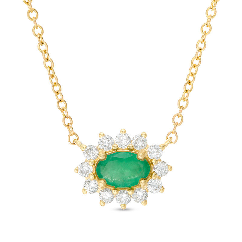 Main Image 1 of Sideways Oval Emerald and 1/5 CT. T.W. Diamond Starburst Frame Necklace in 10K Gold