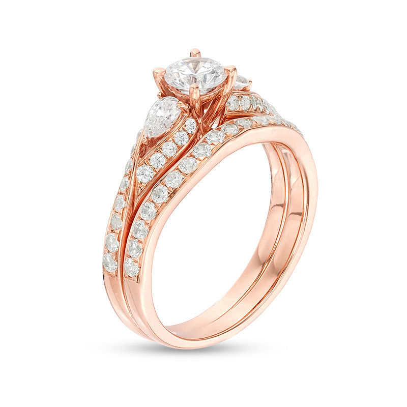 Main Image 3 of 1-3/8 CT. T.W. Diamond Bypass Three Stone Bridal Set in 14K Rose Gold