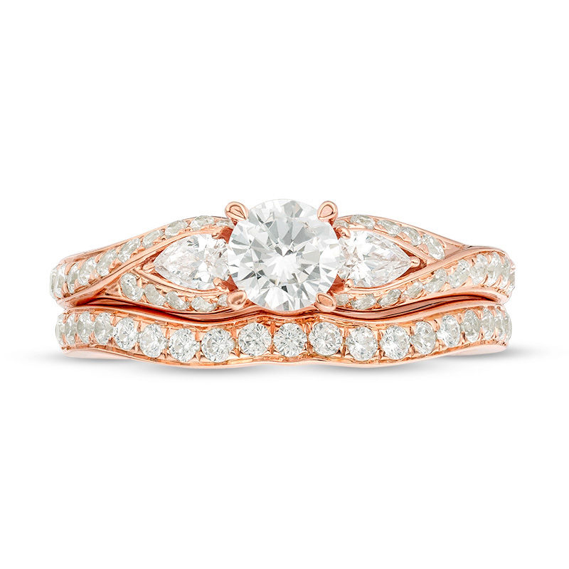 Main Image 4 of 1-3/8 CT. T.W. Diamond Bypass Three Stone Bridal Set in 14K Rose Gold