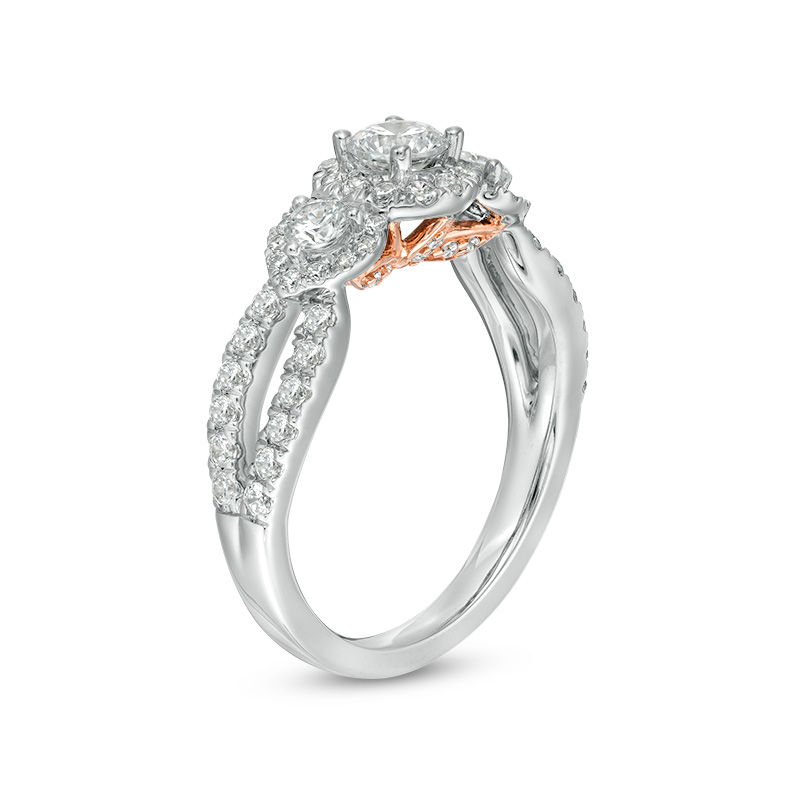 Main Image 2 of Love's Destiny by Zales 1-1/5 CT. T.W. Certified Diamond Three Stone Frame Engagement Ring in 14K Two-Tone Gold (I/I1)