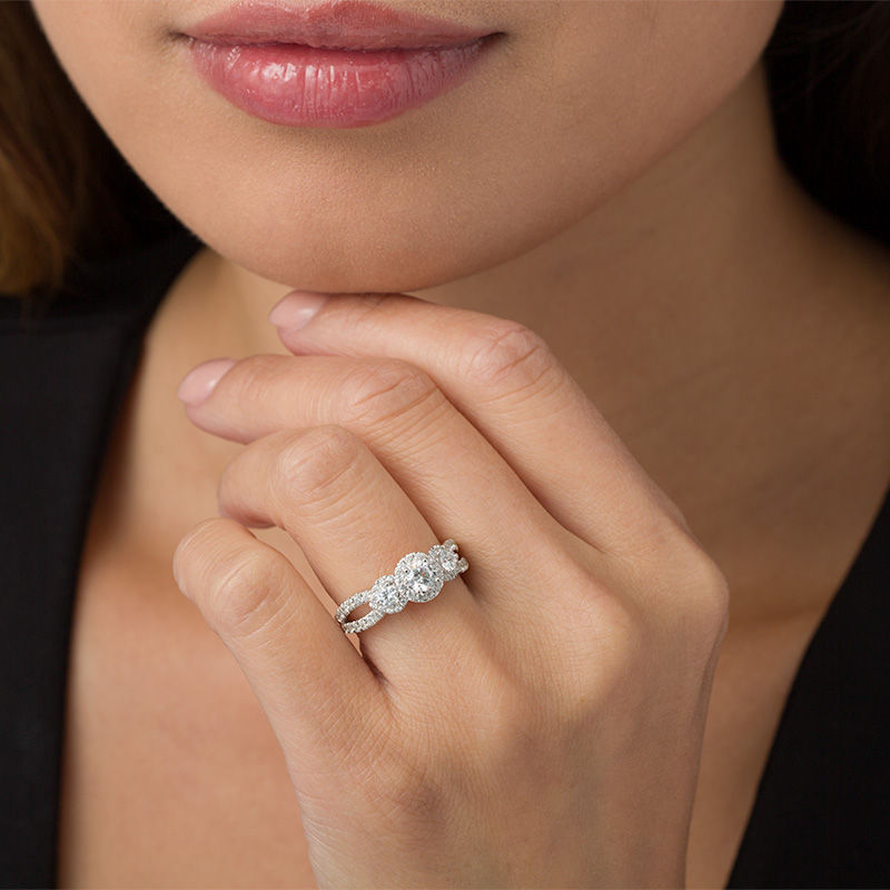 Main Image 3 of Love's Destiny by Zales 1-1/5 CT. T.W. Certified Diamond Three Stone Frame Engagement Ring in 14K Two-Tone Gold (I/I1)