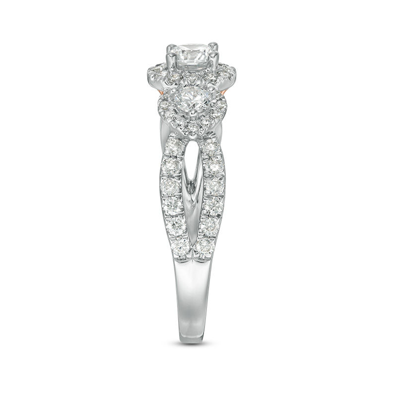 Main Image 4 of Love's Destiny by Zales 1-1/5 CT. T.W. Certified Diamond Three Stone Frame Engagement Ring in 14K Two-Tone Gold (I/I1)