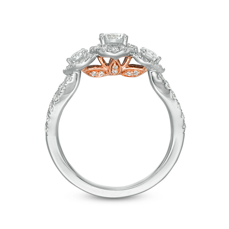 Main Image 5 of Love's Destiny by Zales 1-1/5 CT. T.W. Certified Diamond Three Stone Frame Engagement Ring in 14K Two-Tone Gold (I/I1)