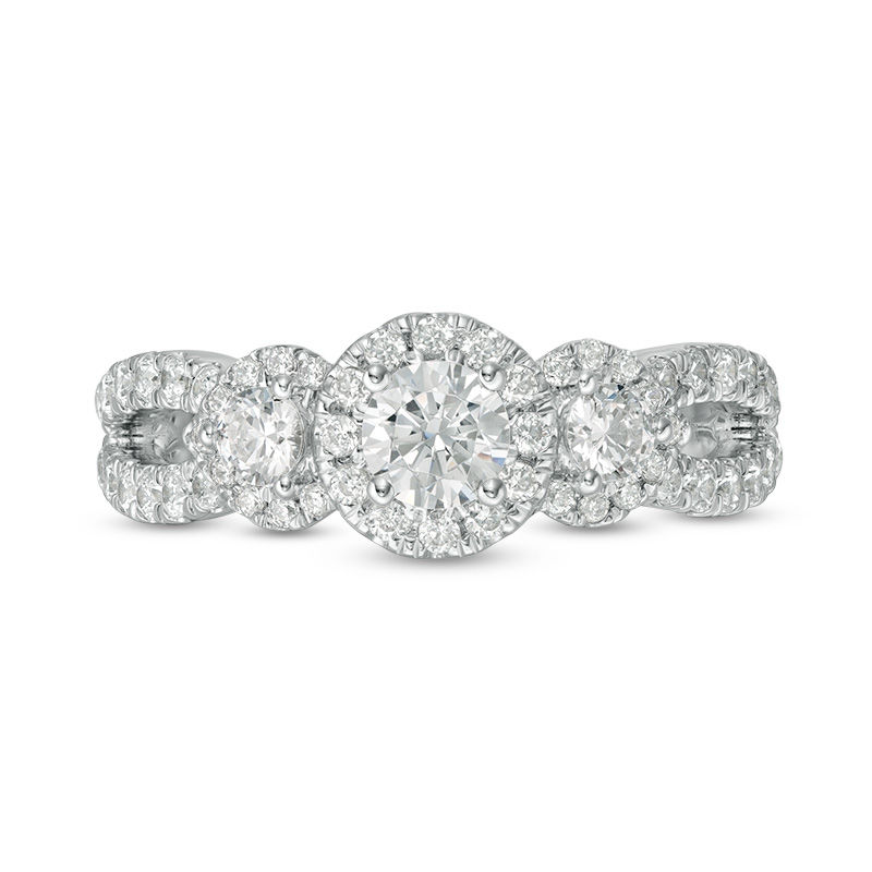 Main Image 6 of Love's Destiny by Zales 1-1/5 CT. T.W. Certified Diamond Three Stone Frame Engagement Ring in 14K Two-Tone Gold (I/I1)