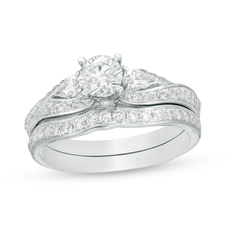 Main Image 1 of 1-3/8 CT. T.W. Diamond Bypass Three Stone Bridal Set in 14K White Gold