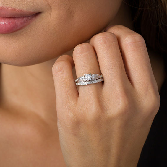 1-3/8 CT. T.w. Diamond Bypass Three Stone Bridal Set in 14K White Gold