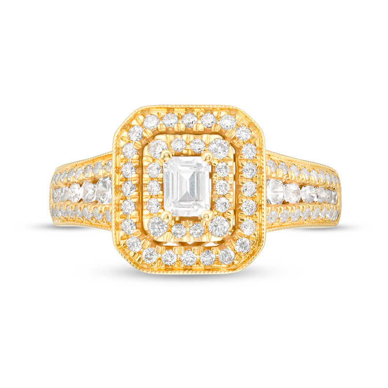 1 CT. T.W. Emerald-Cut Diamond Double Frame Vintage-Style Engagement ...