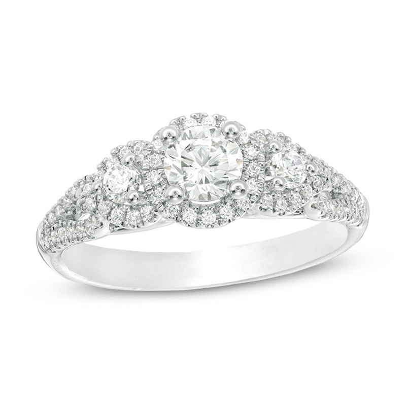 Main Image 1 of 7/8 CT. T.W. Diamond Past Present Future® Frame Engagement Ring in 14K White Gold