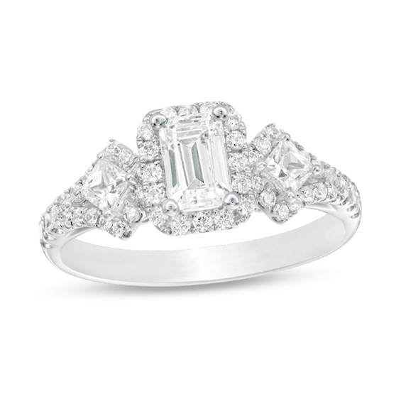 1 CT. T.w. Certified Emerald-Cut Diamond Frame Past Present Future® Ornate Engagement Ring in 14K White Gold (I/I1)