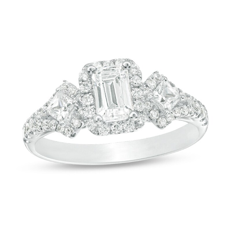 1 CT. T.W. Certified Emerald-Cut Diamond Frame Past Present Future® Ornate Engagement Ring in 14K White Gold (I/I1)