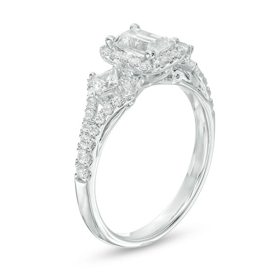 1 CT. T.w. Certified Emerald-Cut Diamond Frame Past Present FutureÂ® Ornate Engagement Ring in 14K White Gold (I/I1)