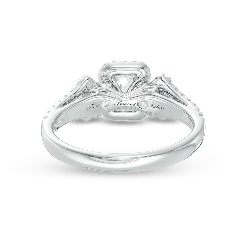 1 CT. T.W. Certified Emerald-Cut Diamond Frame Past Present Future® Ornate Engagement Ring in 14K White Gold (I/I1)