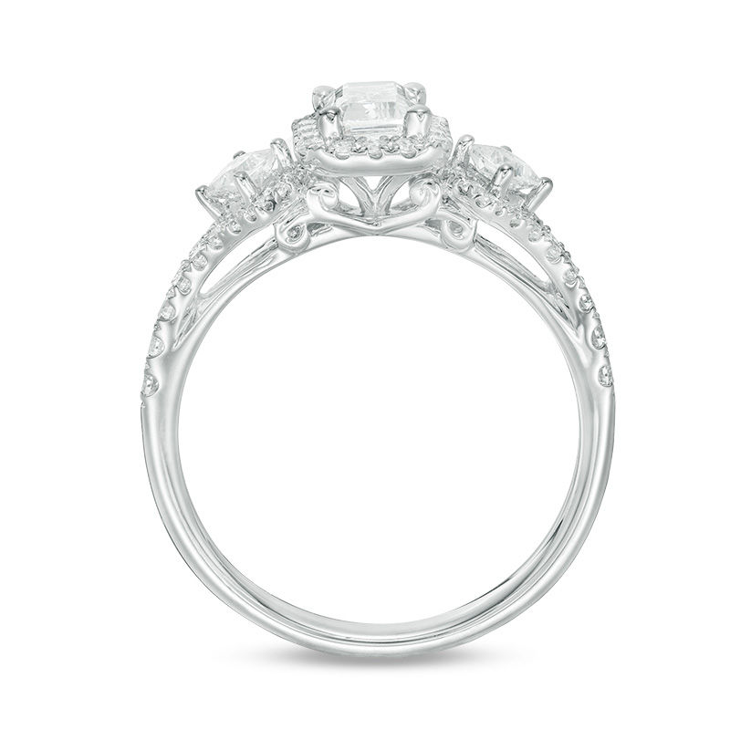 1 CT. T.W. Certified Emerald-Cut Diamond Frame Past Present Future® Ornate Engagement Ring in 14K White Gold (I/I1)