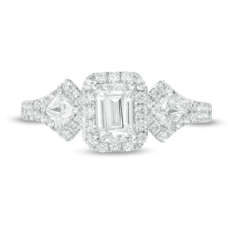 1 CT. T.W. Certified Emerald-Cut Diamond Frame Past Present Future® Ornate Engagement Ring in 14K White Gold (I/I1)