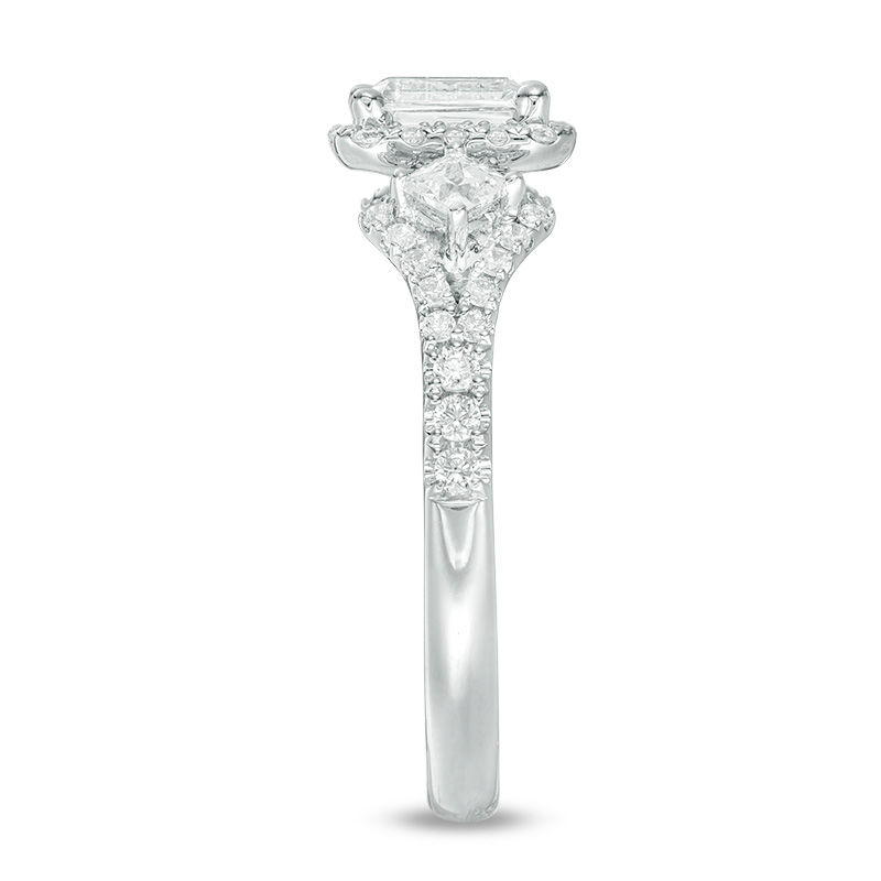 1 CT. T.W. Certified Emerald-Cut Diamond Frame Past Present Future® Ornate Engagement Ring in 14K White Gold (I/I1)