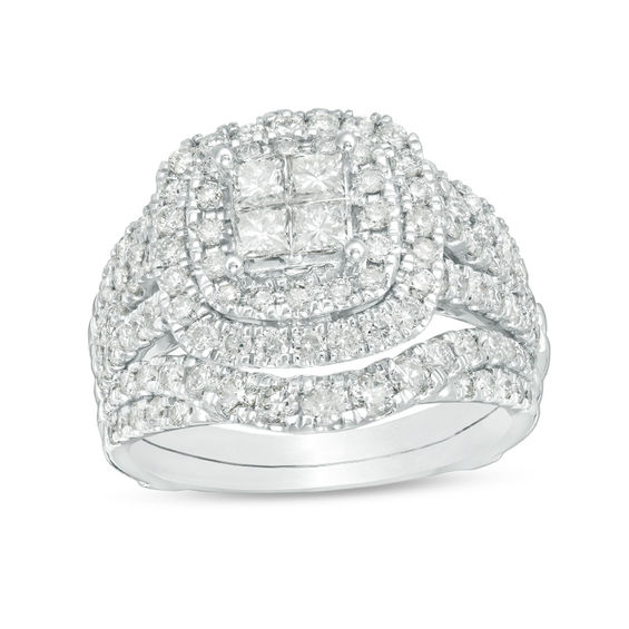 2 CT. T.w. Quad Princess-Cut Diamond Double Frame Bridal Set in 14K White Gold