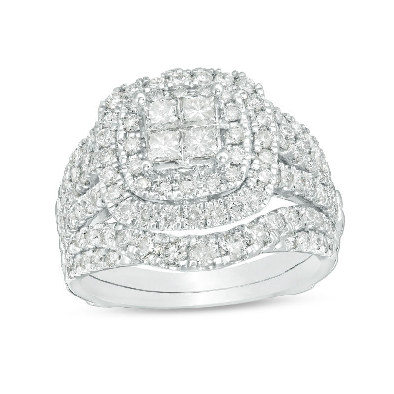 Main Image 1 of 2 CT. T.W. Quad Princess-Cut Diamond Double Frame Bridal Set in 14K White Gold