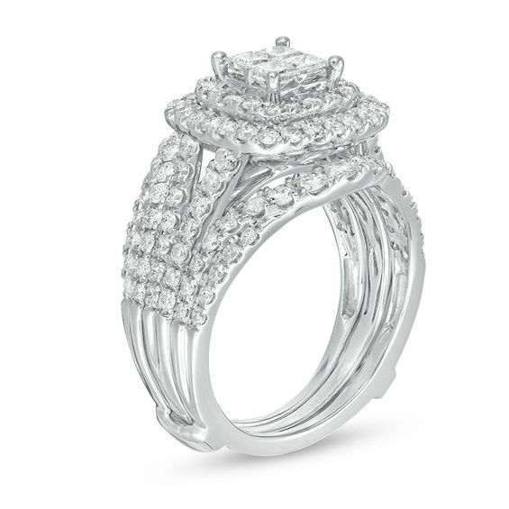2 CT. T.w. Quad Princess-Cut Diamond Double Frame Bridal Set in 14K White Gold