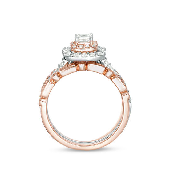 1 CT. T.w. Emerald-Cut Diamond Double Frame Art Deco Style Three Piece Bridal Set in 14K Two-Tone Gold