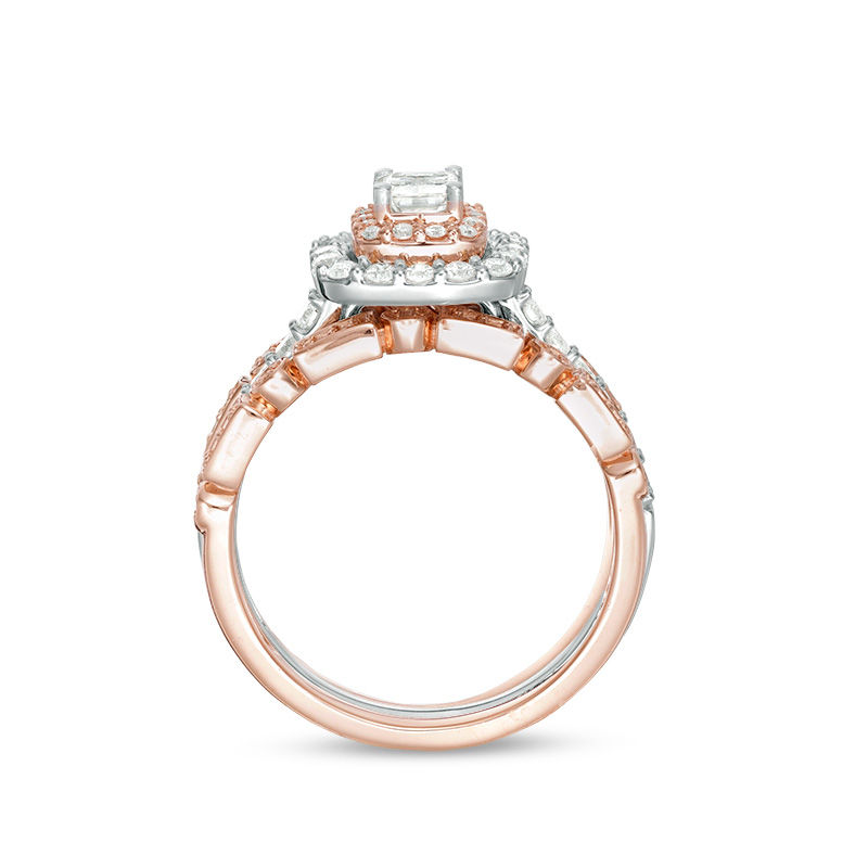 Main Image 4 of 1 CT. T.W. Emerald-Cut Diamond Double Frame Art Deco Style Three Piece Bridal Set in 14K Two-Tone Gold