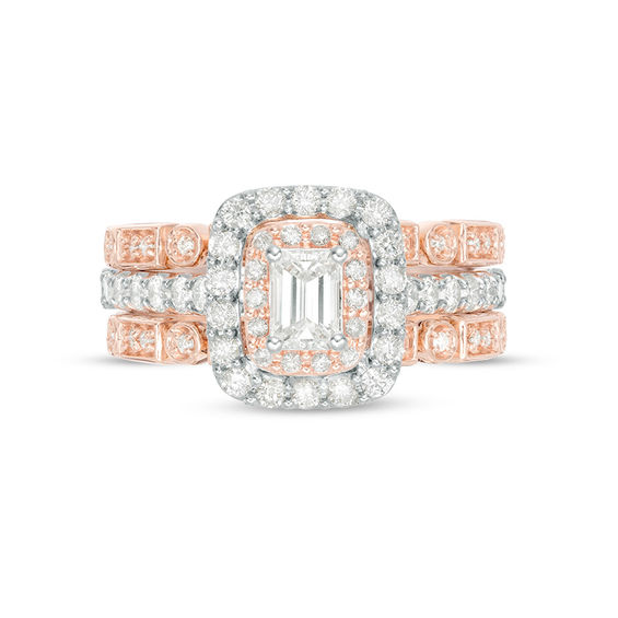 1 CT. T.w. Emerald-Cut Diamond Double Frame Art Deco Style Three Piece Bridal Set in 14K Two-Tone Gold