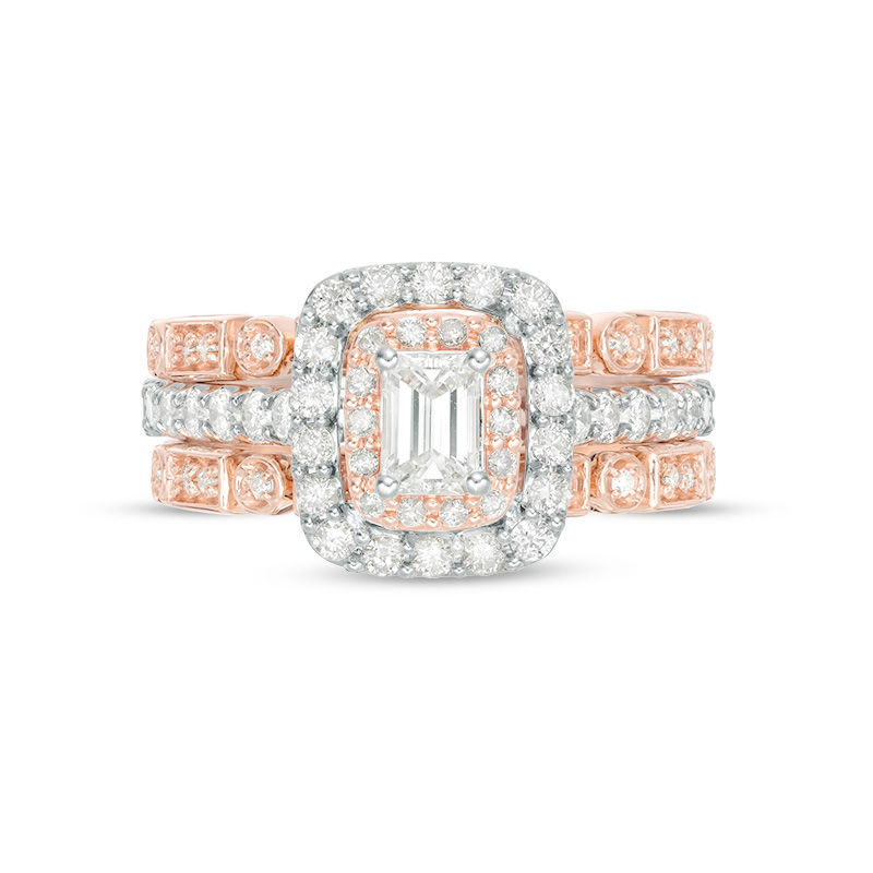 Main Image 5 of 1 CT. T.W. Emerald-Cut Diamond Double Frame Art Deco Style Three Piece Bridal Set in 14K Two-Tone Gold