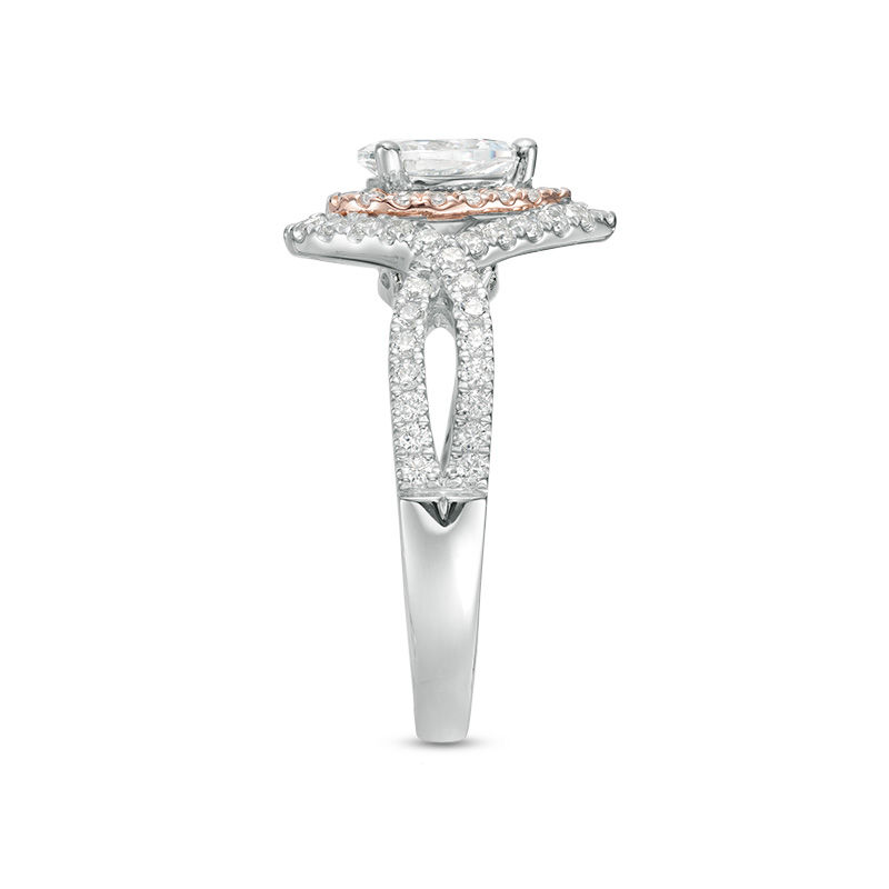 Main Image 3 of 1 CT. T.W. Pear-Shaped Diamond Double Frame Crossover Engagement Ring in 14K Two-Tone Gold