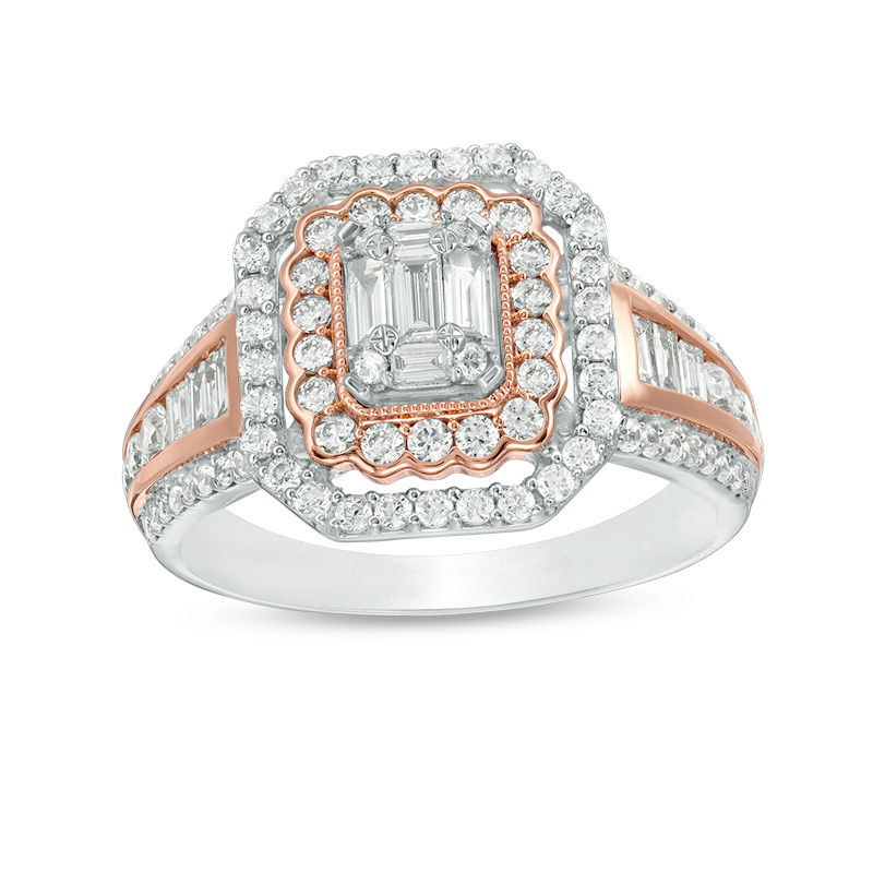 Main Image 1 of 1 CT. T.W. Composite Diamond Double Rectangle Frame Multi-Row Engagement Ring in 14K Two-Tone Gold