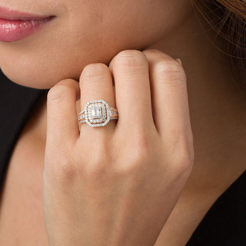 Main Image 3 of 1 CT. T.W. Composite Diamond Double Rectangle Frame Multi-Row Engagement Ring in 14K Two-Tone Gold