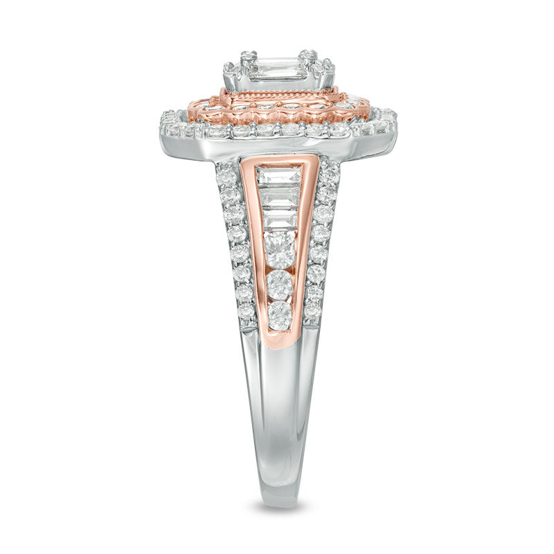 Main Image 4 of 1 CT. T.W. Composite Diamond Double Rectangle Frame Multi-Row Engagement Ring in 14K Two-Tone Gold