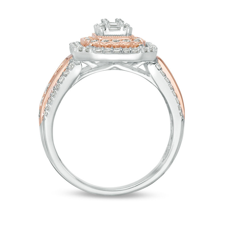 Main Image 5 of 1 CT. T.W. Composite Diamond Double Rectangle Frame Multi-Row Engagement Ring in 14K Two-Tone Gold
