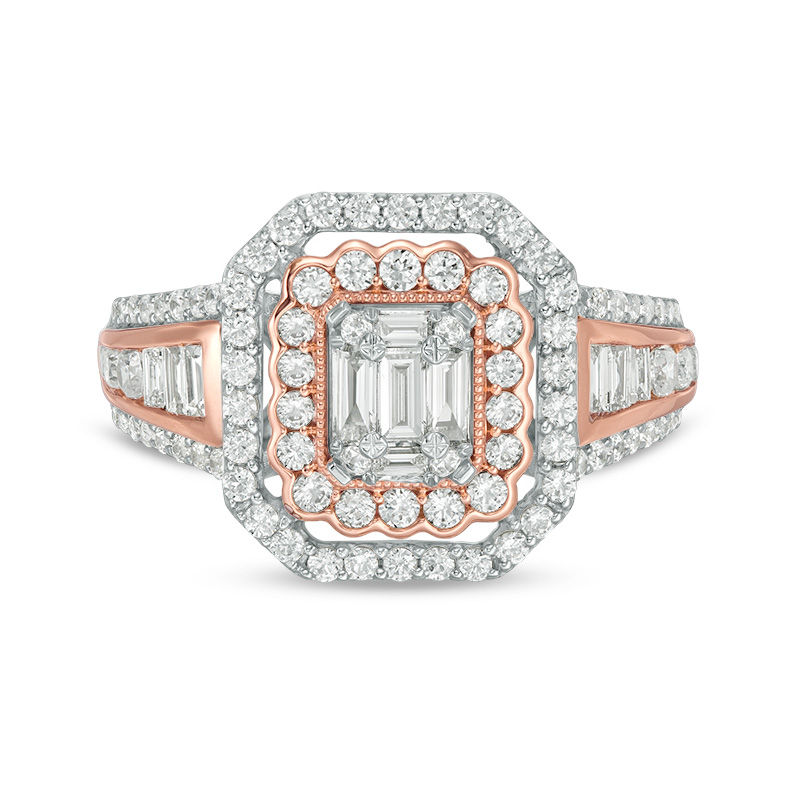 Main Image 6 of 1 CT. T.W. Composite Diamond Double Rectangle Frame Multi-Row Engagement Ring in 14K Two-Tone Gold
