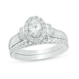 1 CT. T.W. Oval Diamond Frame Collar Bridal Set in 14K White Gold