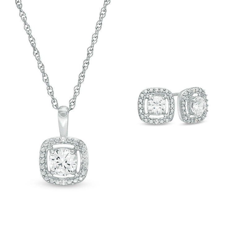 Main Image 1 of Lab-Created White Sapphire Cushion Frame Pendant and Stud Earrings Set in Sterling Silver