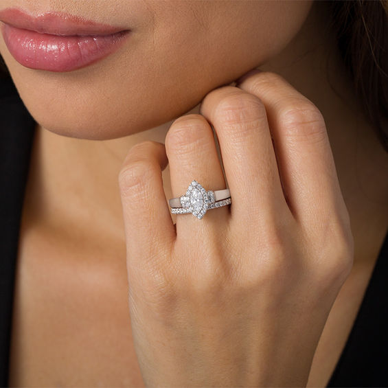 1 CT. T.w. Marquise Diamond Frame Collar Bridal Set in 14K White Gold
