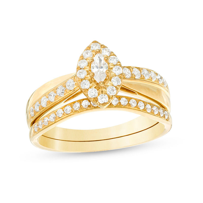 Main Image 1 of 5/8 CT. T.W. Marquise Diamond Frame Crossover Bridal Set in 14K Gold
