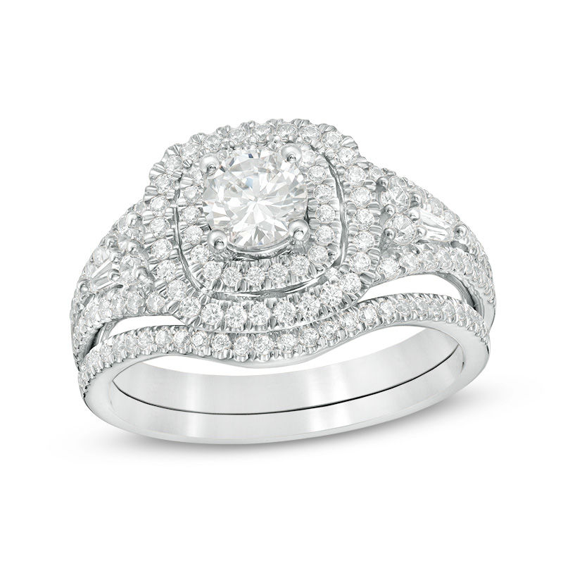 Main Image 1 of 1-1/5 CT. T.W. Diamond Double Cushion Frame Bridal Set in 14K White Gold