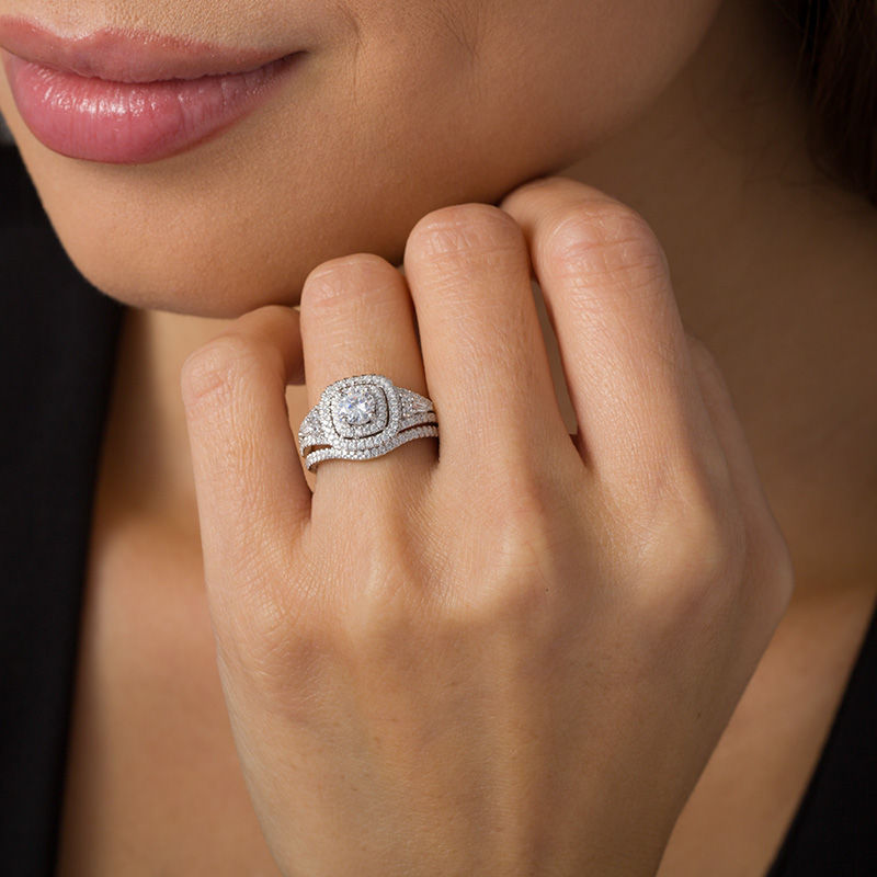 Main Image 2 of 1-1/5 CT. T.W. Diamond Double Cushion Frame Bridal Set in 14K White Gold