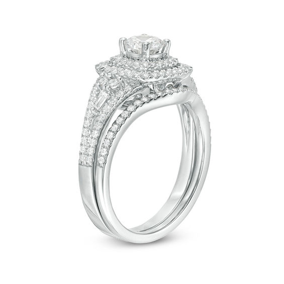 1-1/5 CT. T.w. Diamond Double Cushion Frame Bridal Set in 14K White Gold
