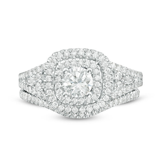 1-1/5 CT. T.w. Diamond Double Cushion Frame Bridal Set in 14K White Gold