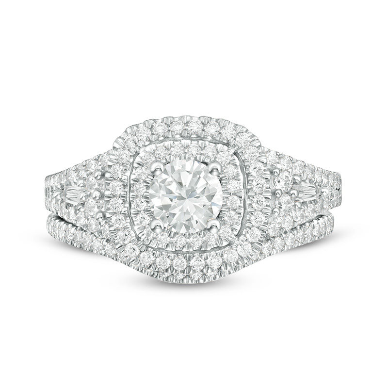 Main Image 4 of 1-1/5 CT. T.W. Diamond Double Cushion Frame Bridal Set in 14K White Gold