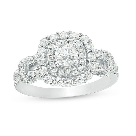 1 CT. T.w. Diamond Double Cushion Frame Collar Vintage-Style Engagement Ring in 14K White Gold