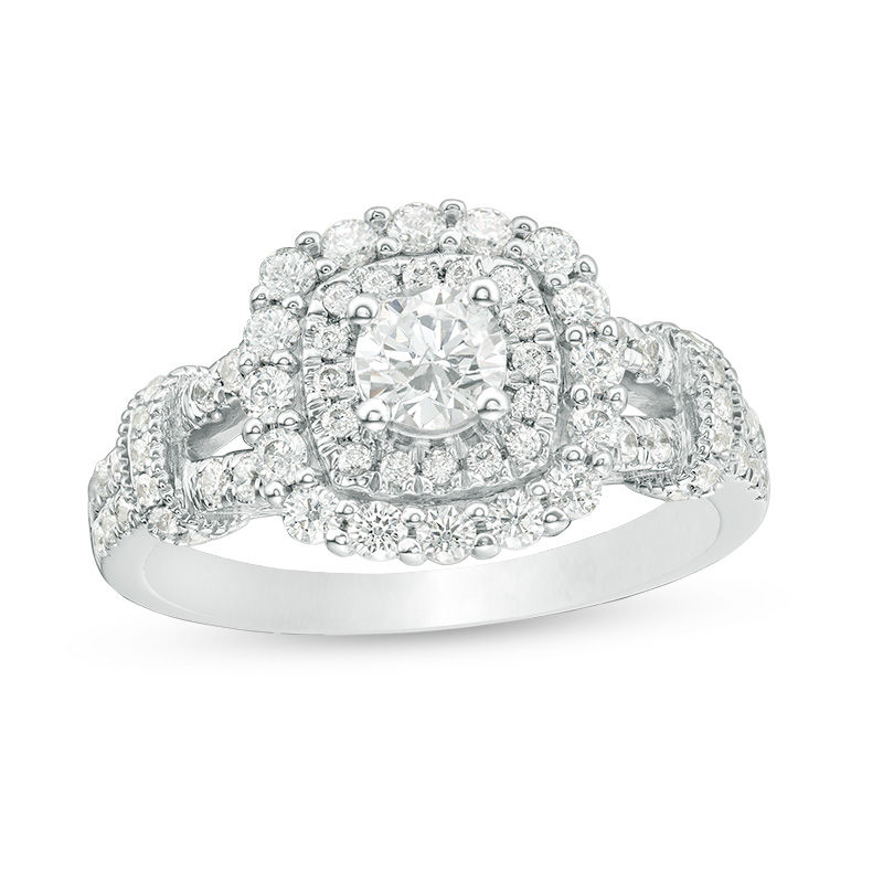Main Image 1 of 1 CT. T.W. Diamond Double Cushion Frame Collar Vintage-Style Engagement Ring in 14K White Gold
