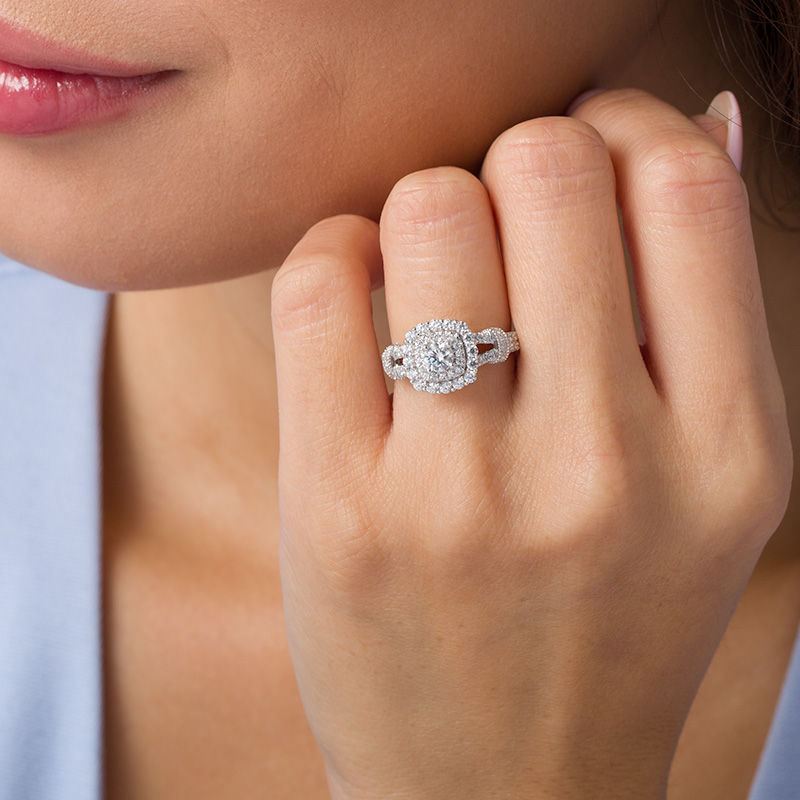 Main Image 2 of 1 CT. T.W. Diamond Double Cushion Frame Collar Vintage-Style Engagement Ring in 14K White Gold