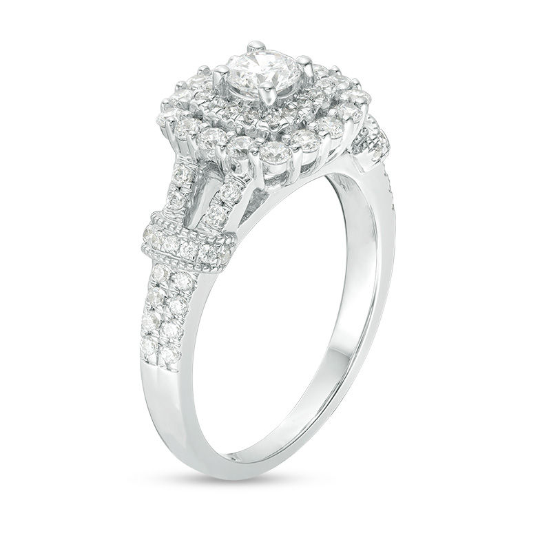 Main Image 3 of 1 CT. T.W. Diamond Double Cushion Frame Collar Vintage-Style Engagement Ring in 14K White Gold