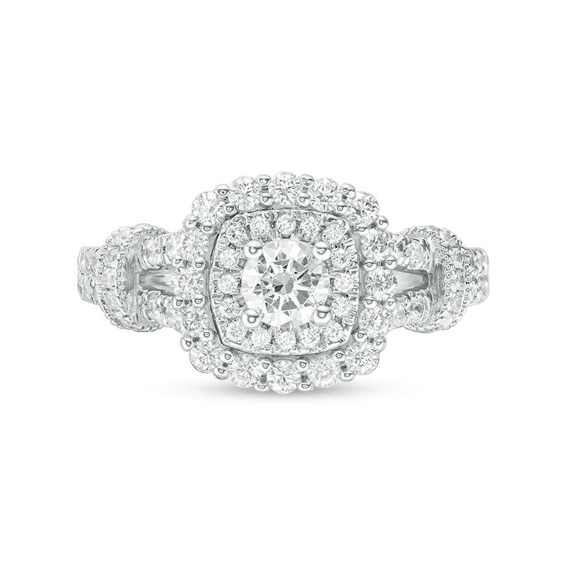 Main Image 4 of 1 CT. T.W. Diamond Double Cushion Frame Collar Vintage-Style Engagement Ring in 14K White Gold