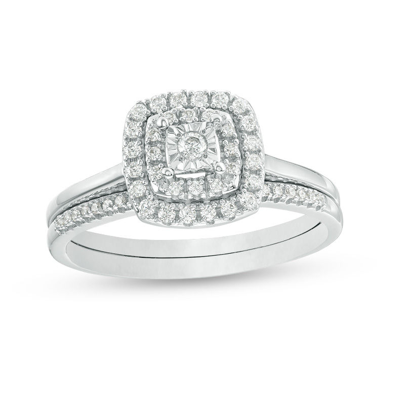 Main Image 1 of 1/4 CT. T.W. Diamond Double Cushion Frame Bridal Set in 10K White Gold