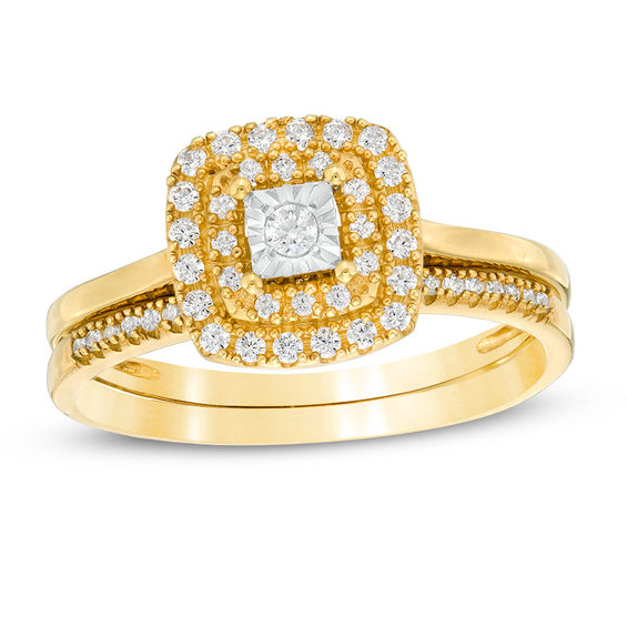 1/4 CT. T.w. Diamond Double Cushion Frame Bridal Set in 10K Gold
