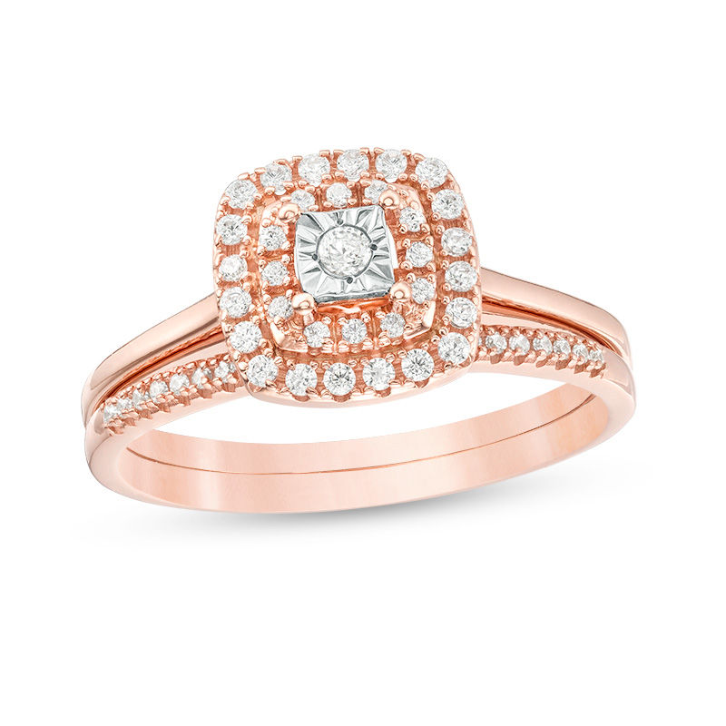 Main Image 1 of 1/4 CT. T.W. Diamond Double Cushion Frame Bridal Set in 10K Rose Gold