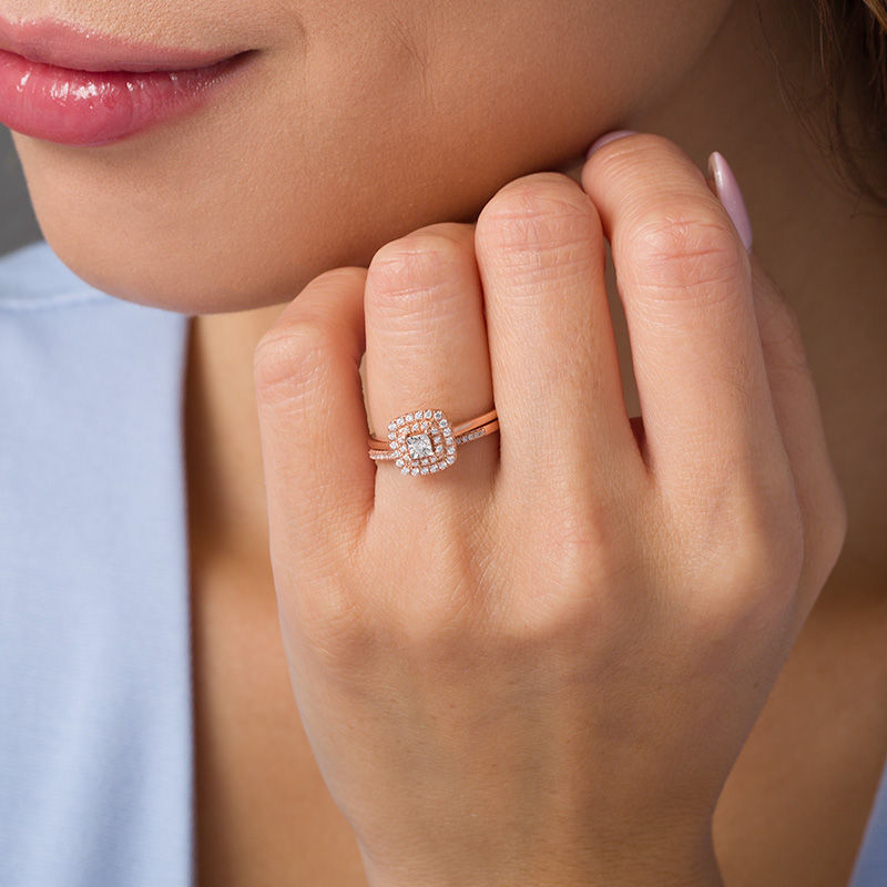 Main Image 2 of 1/4 CT. T.W. Diamond Double Cushion Frame Bridal Set in 10K Rose Gold